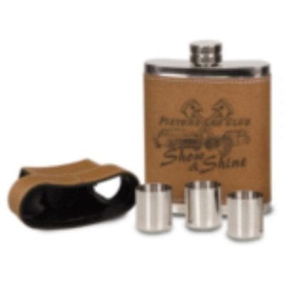 7oz Leather Cased Flask with Lid & 3 Shot Glasses